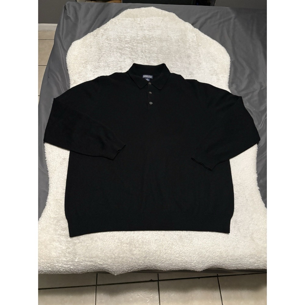 Lands End Cashmere Polo Sweater Mens XXL Black Pullover Knit Winter Preppy